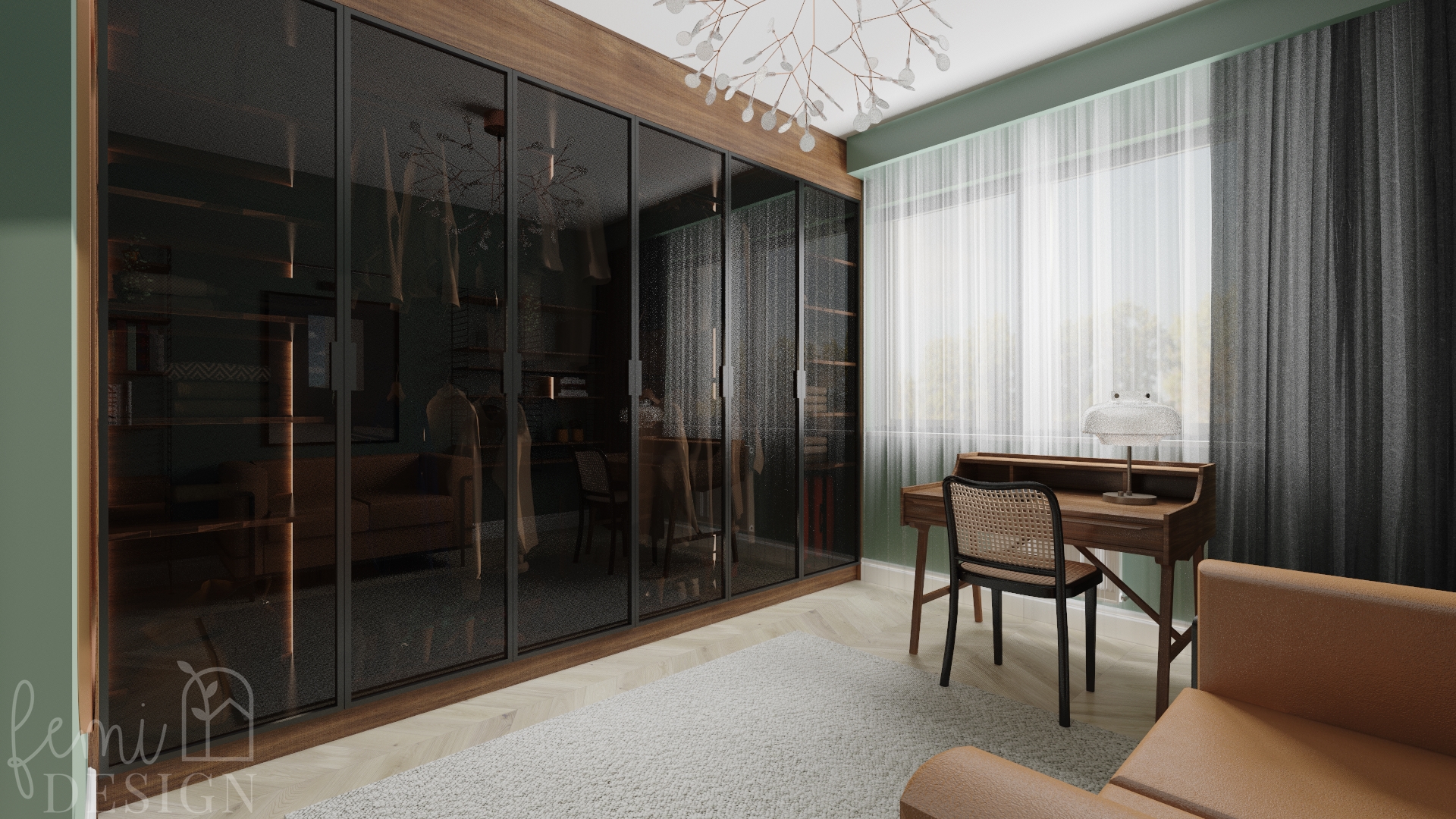 szafa z drzwiami szklanymi, drewniane biurko, szkalne drzwi, skórzana sofa, podłoga jodełka, zielone ściany, ciemne drewno