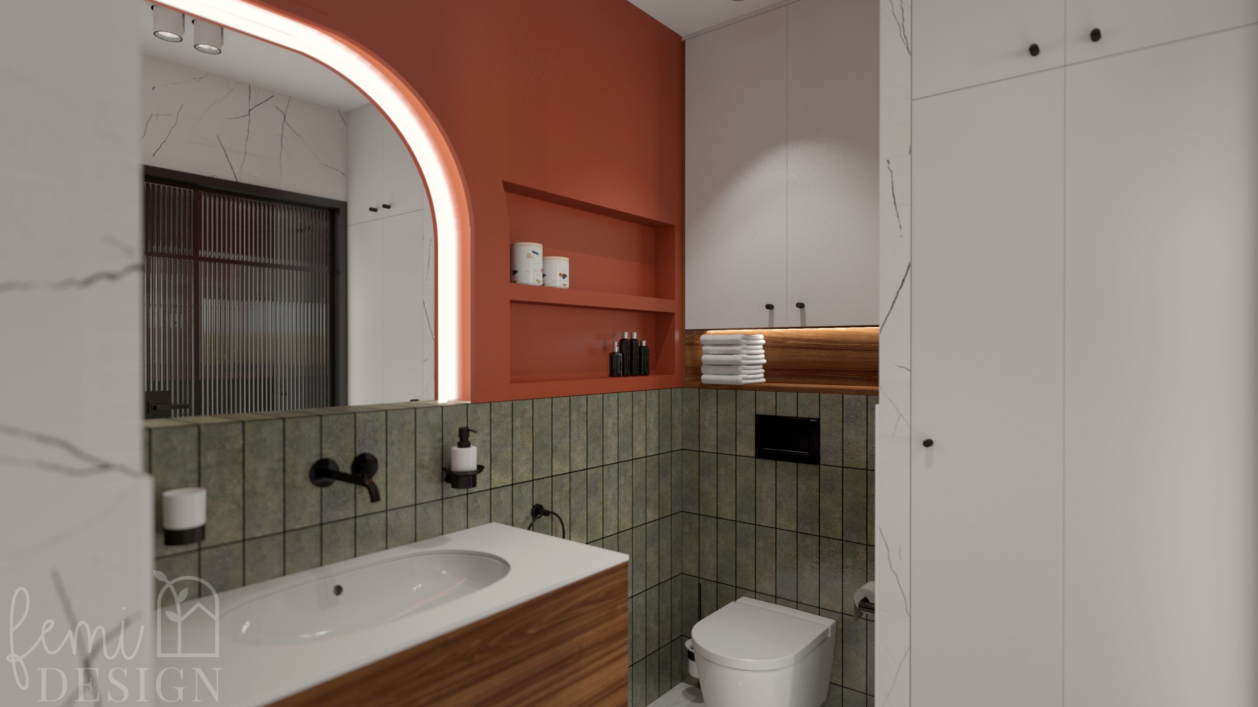 płytki marmurowe, pomarańczowe ściany, zielone płytki łazienkowe, ciemne drewno w łazience, zabudowa pralki i suszarki w łazience