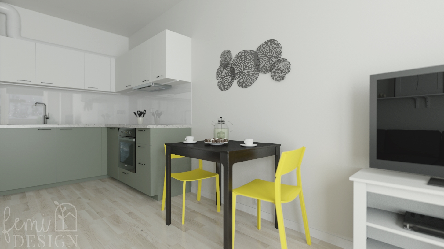 zielona kuchnia, małe mieszkanie, salon z kuchnią, żółte krzesła, drewniana podłoga