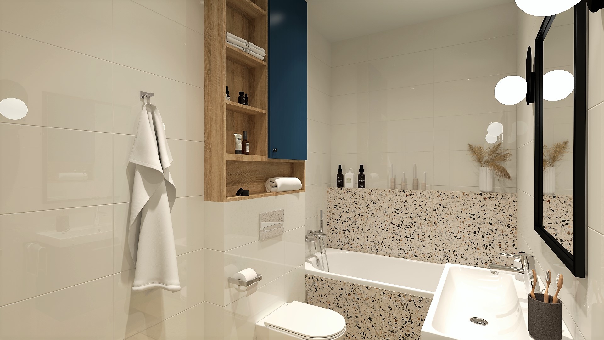 terrazzo, biała łazienka, niebieska łazienka, wanna, drewno w łazience