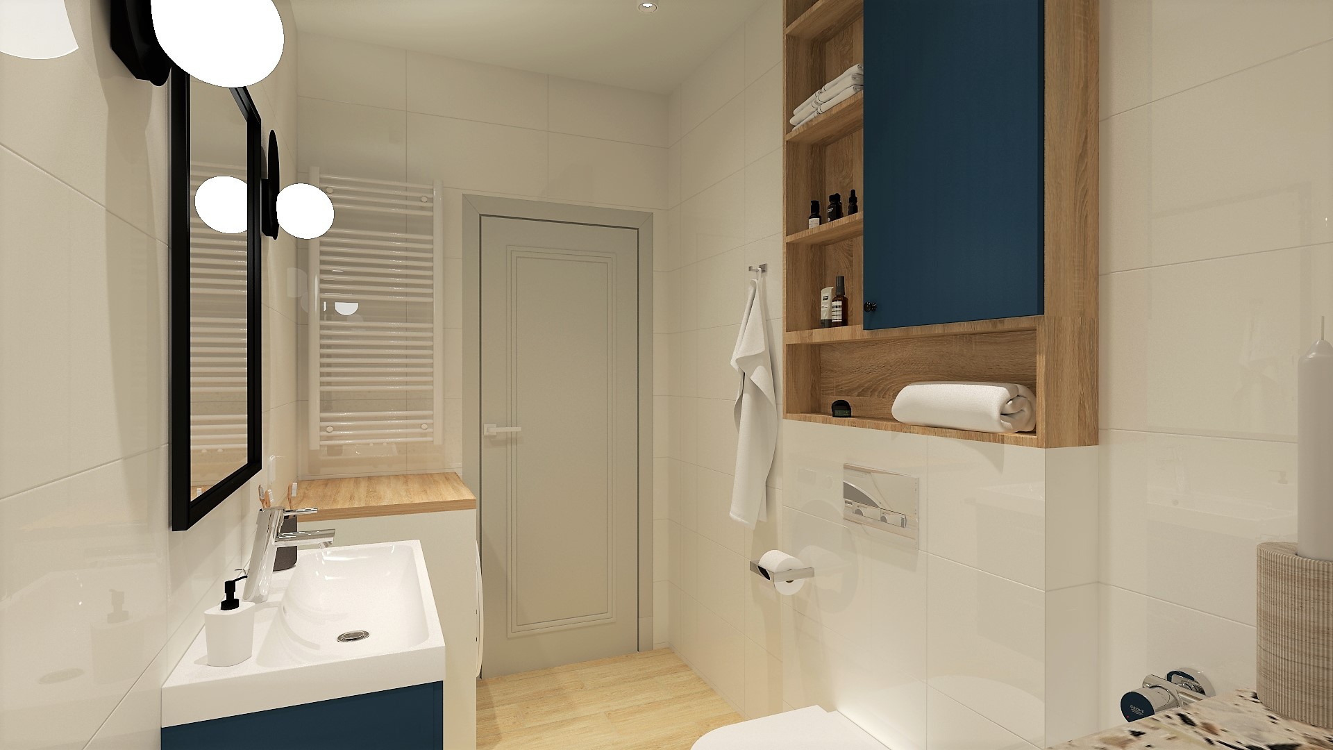 terrazzo, biała łazienka, niebieska łazienka, wanna, drewno w łazience, pralka w zabudowie
