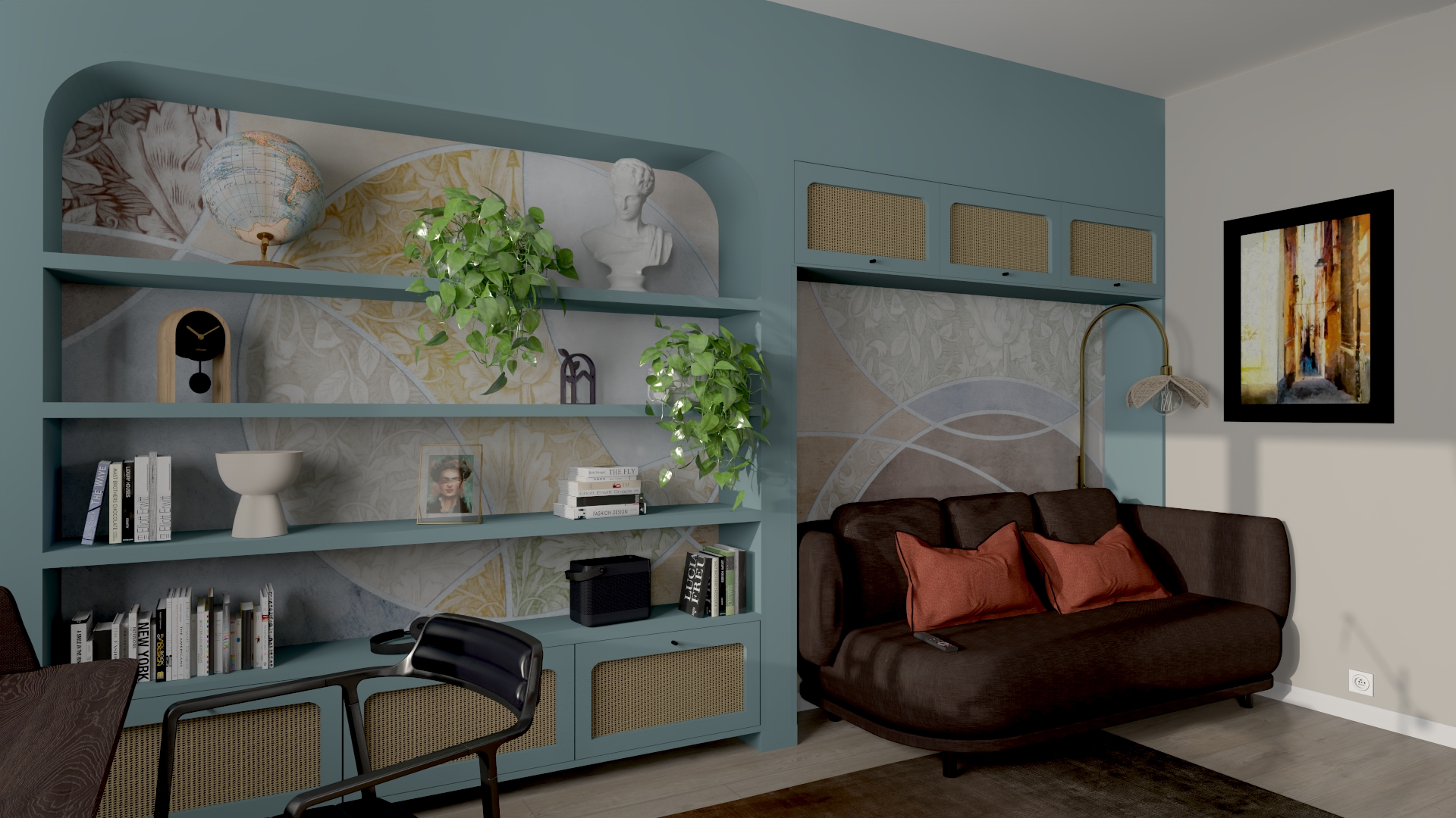 pomarańczowe ściany, ciemne drewno, szklane drzwi, zasłony, biurko, biblioteczka, rattan, pokój do relaksu, niebieskie ściany, brązowa kanapa, dywan, tapeta
